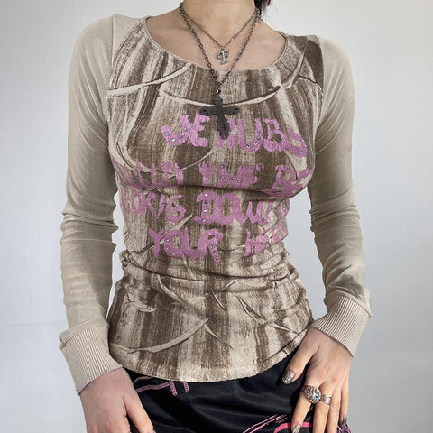Camiseta de manga larga con estampado abstracto desgastado para mujer, jersey ajustado con cuello redondo, tops de otoño 