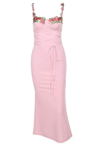 Vestido midi con cordones y bordado floral de Brenda 