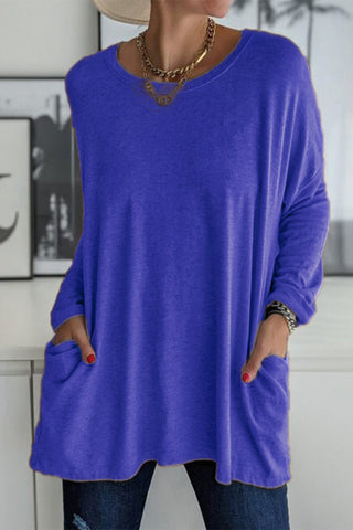 Tops casuales de cuello redondo con bolsillos y parches sólidos (13 colores) 