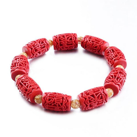 Red Cinnabar Chinese Carving Beads Elastic Bracelet