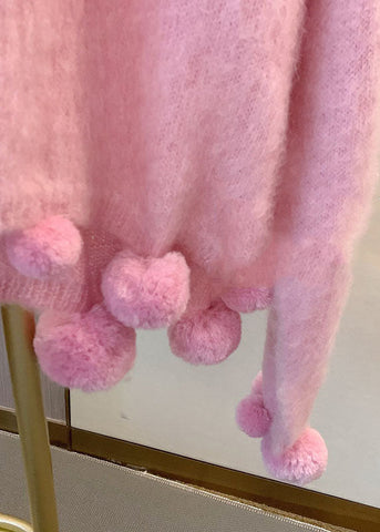 Niedliche rosa O-Ausschnitt Fuzzy Ball verziert warme Baumwolle stricken Pullover Langarm 