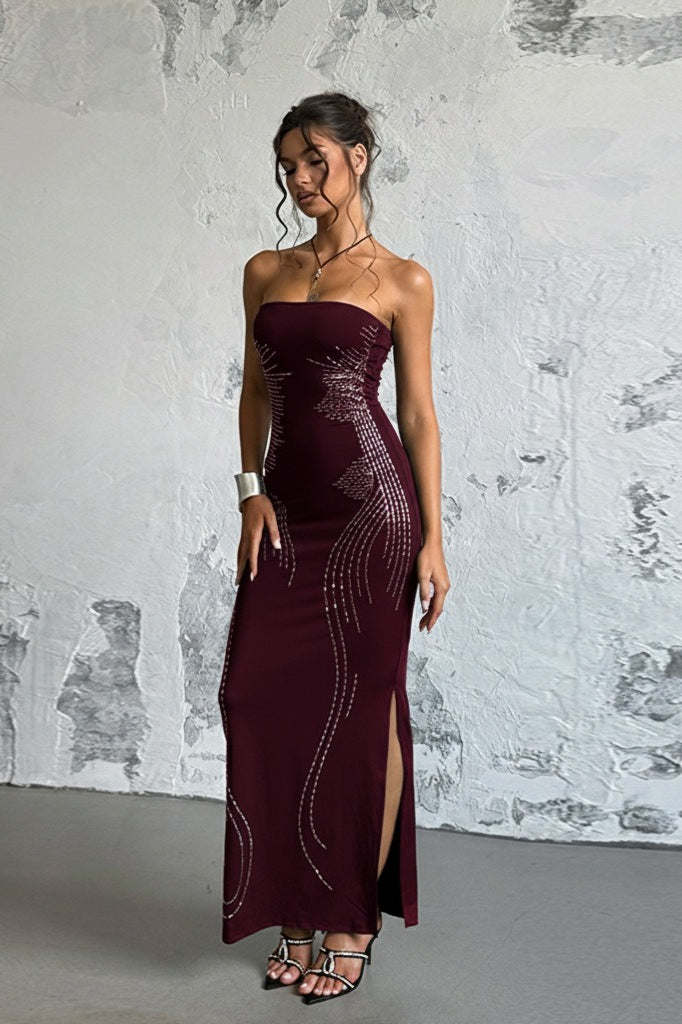 Rhinestone Strapless Off Shoulder Maxi Dress