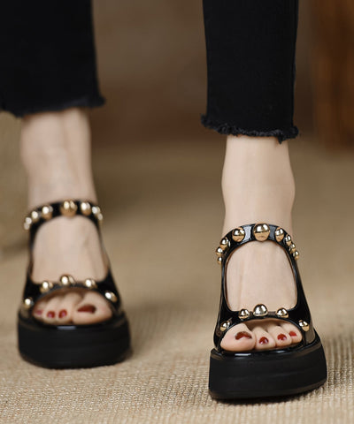 Stylish Rivet Splicing Chunky Heel Black Cowhide Leather Slide Sandals