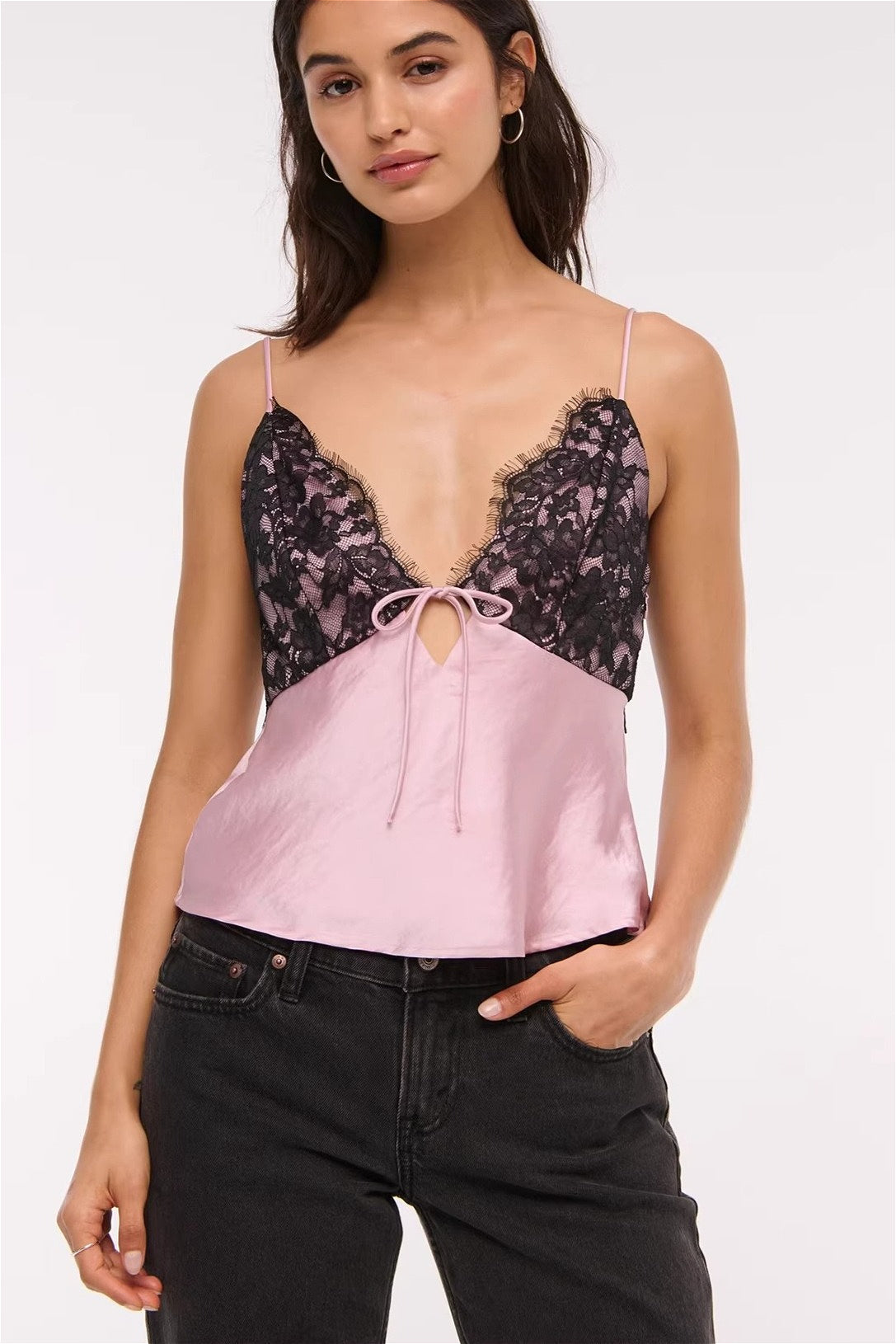 Lace Color Block Satin Backless Cami Top