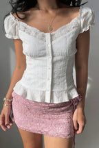 Lace Hollow Button Puff Sleeve Blouse