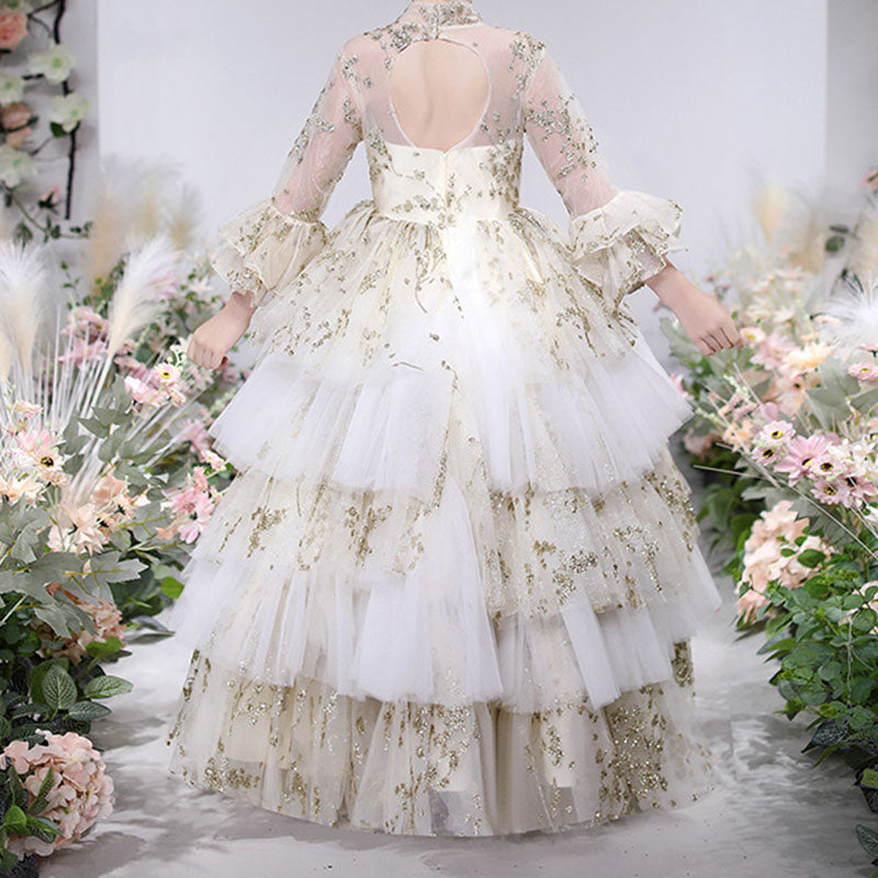 Vestido de primera comunión para niña, vestido de princesa con flores y malla abullonada. 