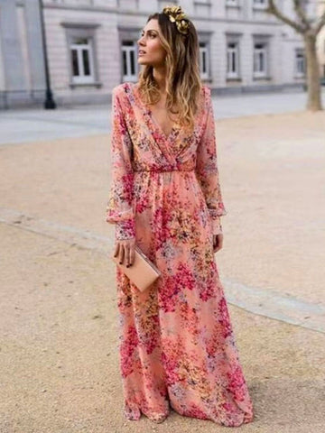 Vestidos largos de manga larga con cuello en V y estampado rosa 