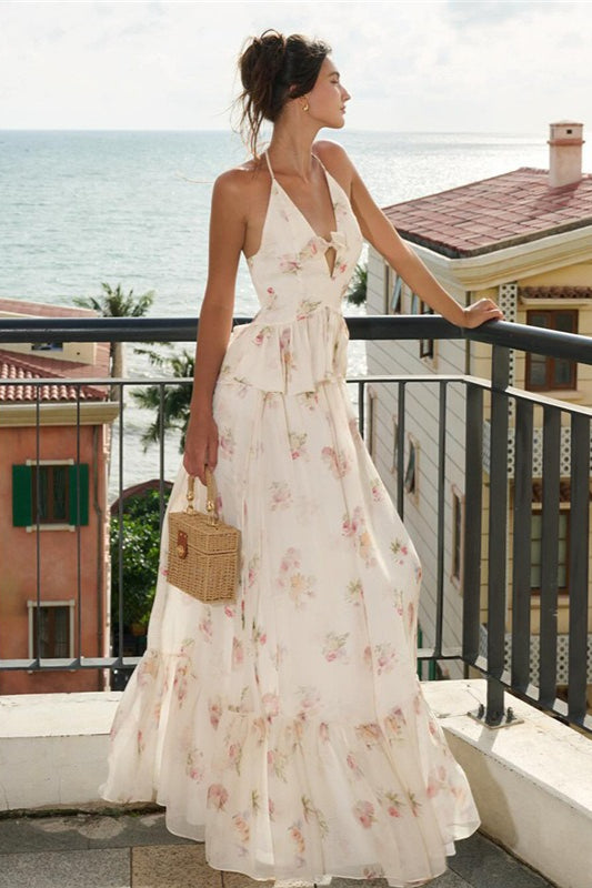Floral Slim Fit Deep V High Waist Maxi Dress