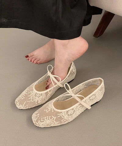Zapatos planos con bordado de malla transpirable beige para mujer con lazo 