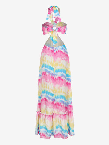 Boho-Kleid, Malerei, Neckholder, Ringdetails, rückenfrei, Resort, lässige Maxikleider 