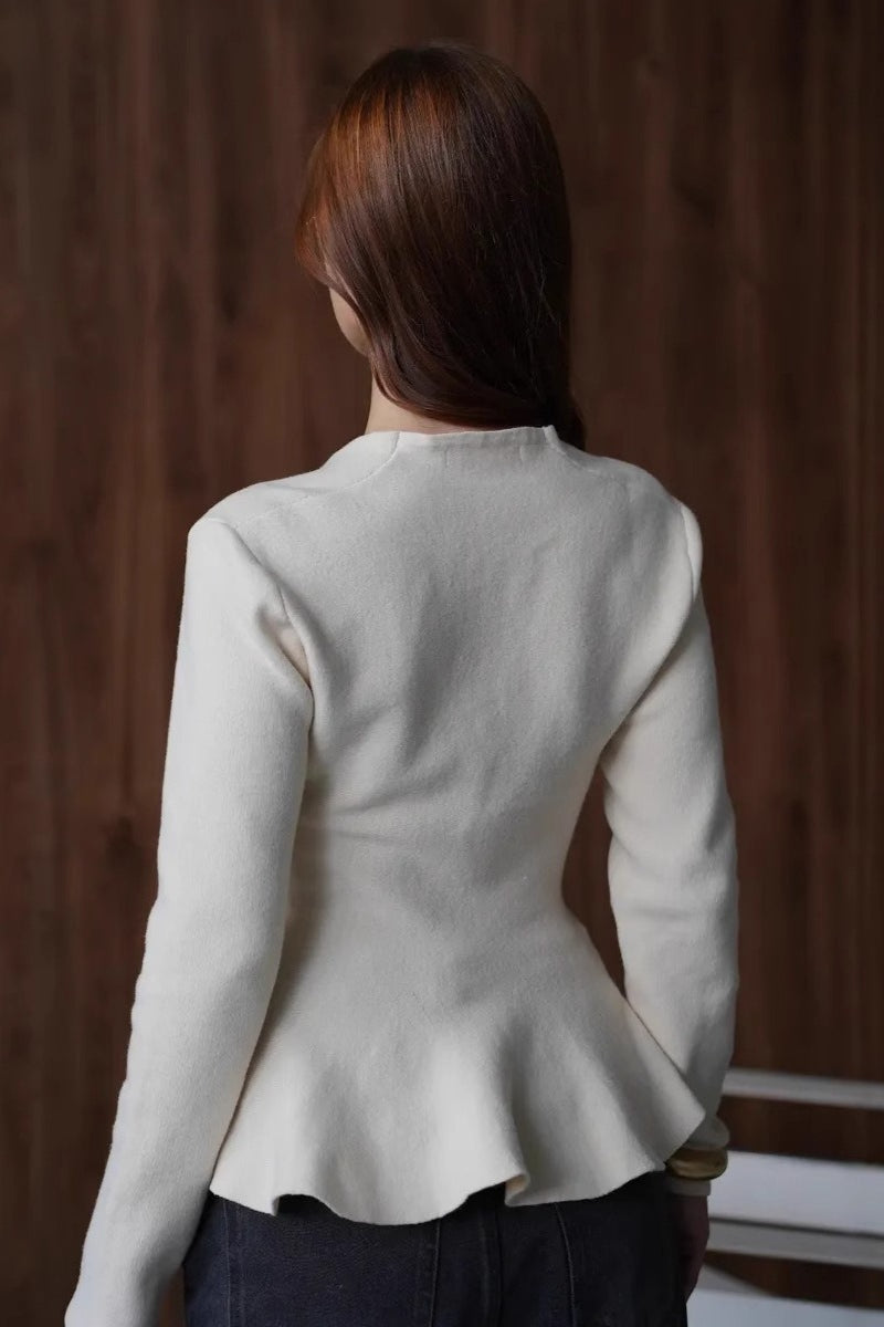 Solid Fitted Ruffled Hem Long Sleeve Knit Cardigan
