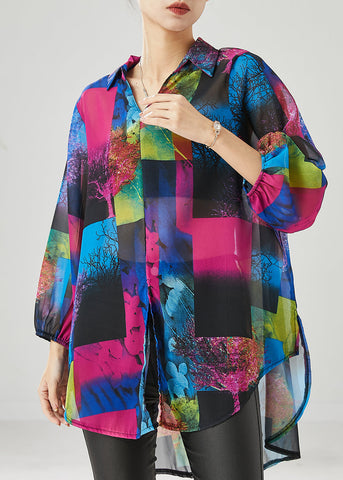 Französisch Lila Oversized Print Chiffon Shirt Tops Frühling 