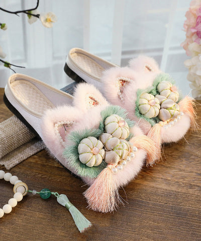 Handgemachte bequeme Spleißen Tiger Kopf Hausschuhe Schuhe rosa Quaste Nagel Perle 