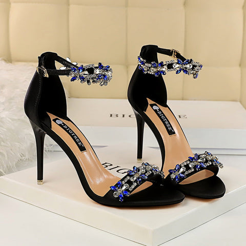 Sandalias de tacón alto de 9 cm con cristales para mujer, para boda, novia, tacones de aguja, sandalias con purpurina, zapatos elegantes de stripper con tiras de satén. 