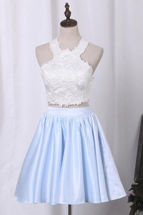 Zweiteilige Scoop-Homecoming-Kleider A-Linie Satin mit Applikationen