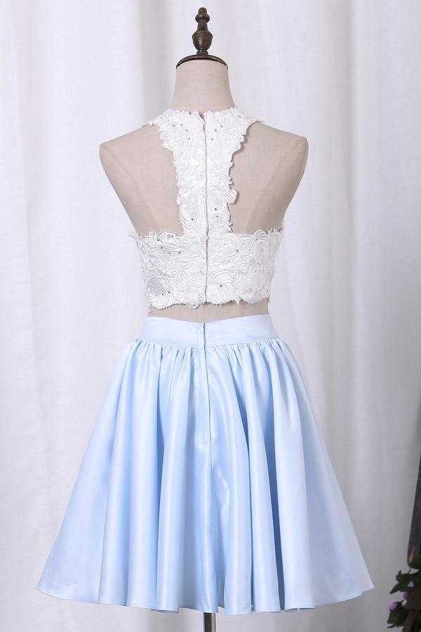Zweiteilige Scoop-Homecoming-Kleider A-Linie Satin mit Applikationen
