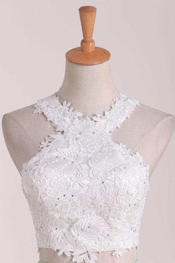 Zweiteilige Scoop-Homecoming-Kleider A-Linie Satin mit Applikationen