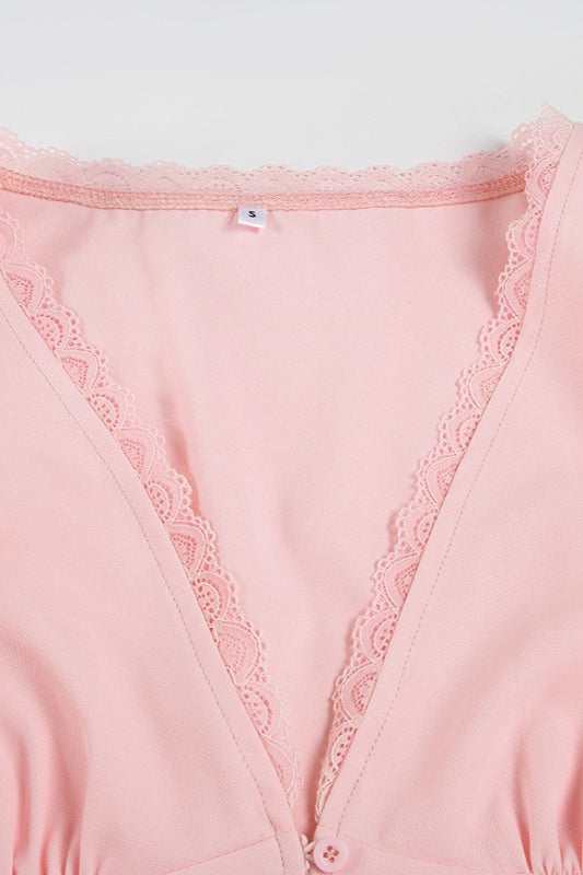 Lace Patchwork V Neck Puff Sleeve Blouse