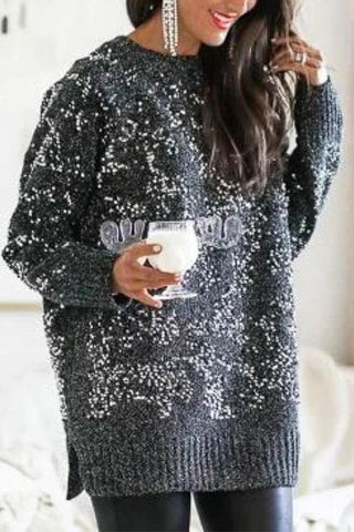 Suéter Meridress con cuello redondo, abertura lateral y lentejuelas brillantes