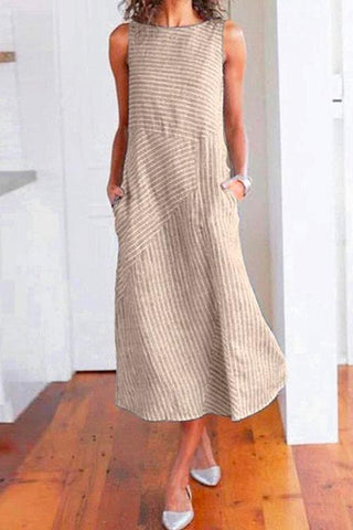 Meridress Crewneck Sleeveless Stripes Dress With Pockets