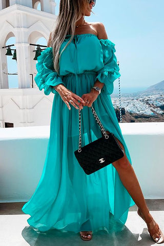 Vestido largo festivo con volantes y abertura en los hombros y cordón Meridress