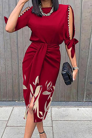 Meridress Hollow Out Half Sleeve Slit Printed Dress