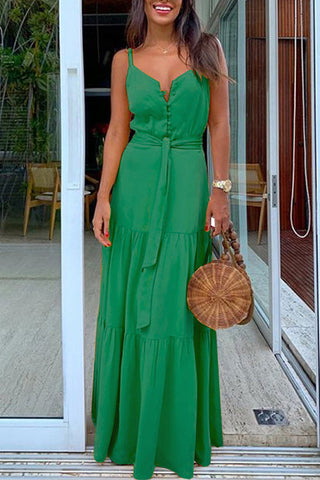 Meridress Buttons V Neck Sleeveless Tie Waist Maxi Swing Dress