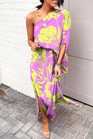 Meridress Casual One Shoulder Side Split Printed Dress