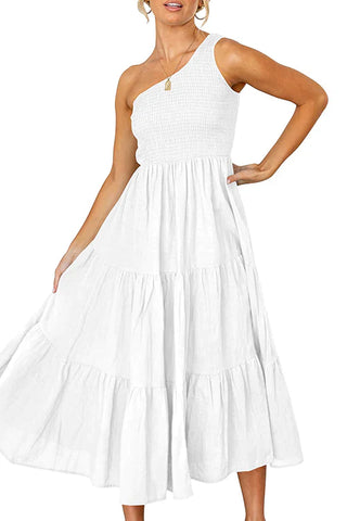 Meridress One Shoulder Sleeveless Ruched Ruffle Swing Dress