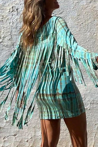 Meridress Tassel Long Sleeve Tie Dye Bodycon Dress