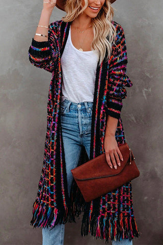Meridress Tassel Open Front Multi-colored Print Knit Cardigans