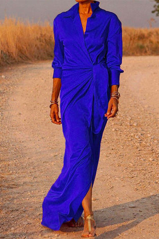 Meridress V Neck Long Sleeve Tie Waist Satin Dress