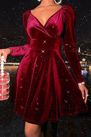 Meridress V Neck High Waist Velvet Swing Dress