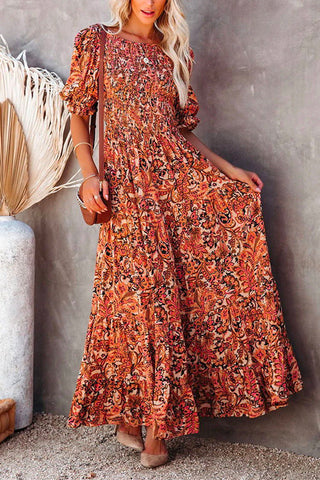 Meridress Half Sleeve Elastic Frilled Waist Swing Printed Dress