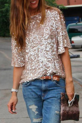 Camiseta Meridress con lentejuelas, cuello redondo y media manga
