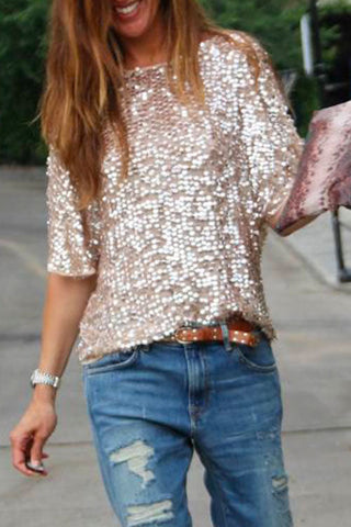 Camiseta Meridress con lentejuelas, cuello redondo y media manga
