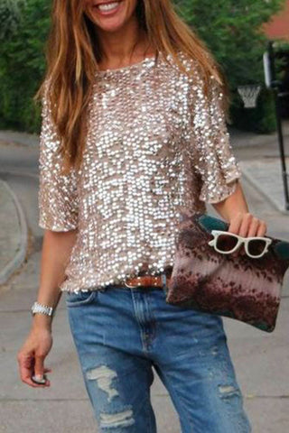 Camiseta Meridress con lentejuelas, cuello redondo y media manga