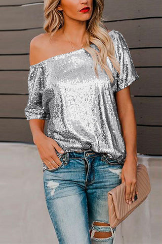 Meridress – Schulterfreies, kurzärmliges T-Shirt mit Pailletten