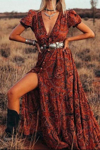 Vestido bohemio con cuello en V y mangas cortas con estampado de Meridress