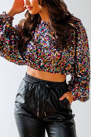 Meridress Crewneck Flare Long Sleeve Sequin Crop Top