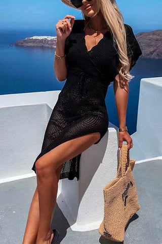 Meridress Wrap V Neck Tie Waist Side Split Cover Up Dress