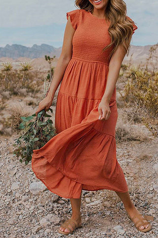 Meridress Crewneck Puff Sleeve Pleated Swing Dress