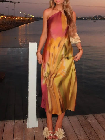 Vestido de vacaciones con cuello halter estampado estilo europeo