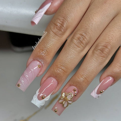 Hot SaleGolden Flower White French Square Tube NailHandmade Artificial Gel Nail Press-On Nails