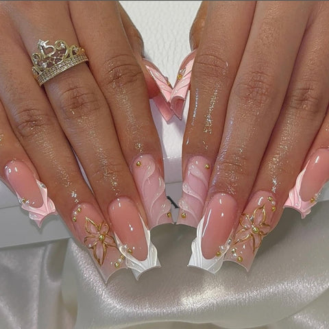 Hot SaleGolden Flower White French Square Tube NailHandmade Artificial Gel Nail Press-On Nails