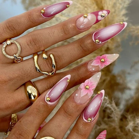 Pink flower French Almond NailCarefully designed pure handmade press-on gel nails