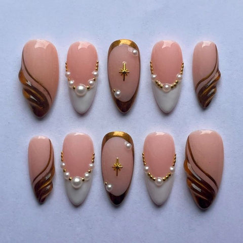 Hot SaleGolden White French Pearl NailsHandmade Artificial Gel Nail Press-On Nails