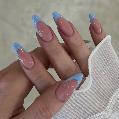 Blue French Almond NailsCarefully designed pure handmade press-on gel nails