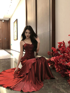 Grünes, langes Satin-Partykleid mit Meerjungfrauen-Trägern, grünes Satin-Abendkleid/Ballkleid