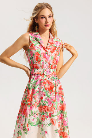 Vestido midi sin mangas con estampado floral y cinturón 